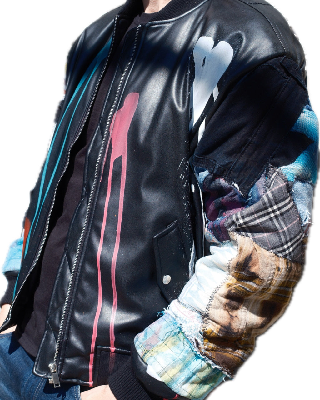 BLACK PATCHWORK DRIP SPLATTER FAUX LEATHER BOMBER JACKET (1/1)