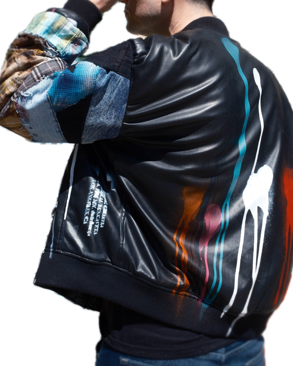 BLACK PATCHWORK DRIP SPLATTER FAUX LEATHER BOMBER JACKET (1/1)