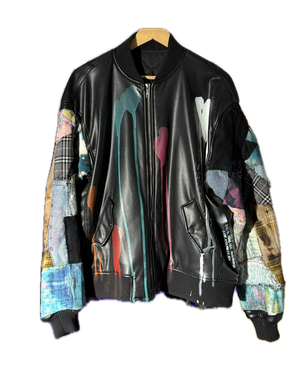 BLACK PATCHWORK DRIP SPLATTER FAUX LEATHER BOMBER JACKET (1/1)