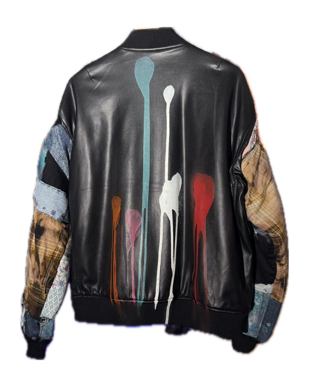 BLACK PATCHWORK DRIP SPLATTER FAUX LEATHER BOMBER JACKET (1/1)
