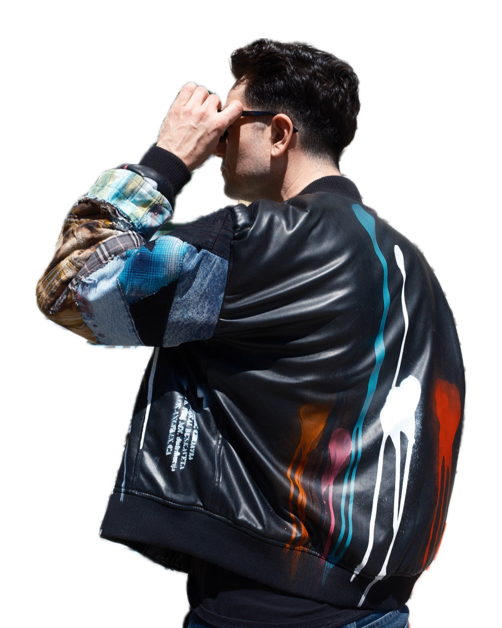 BLACK PATCHWORK DRIP SPLATTER FAUX LEATHER BOMBER JACKET (1/1)