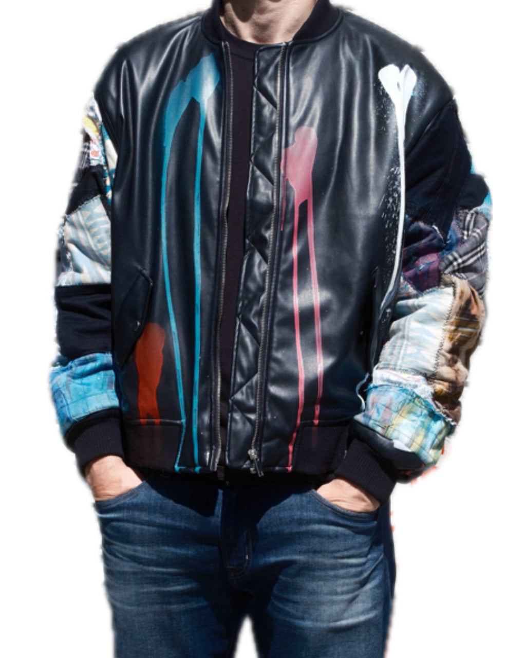 BLACK PATCHWORK DRIP SPLATTER FAUX LEATHER BOMBER JACKET (1/1)