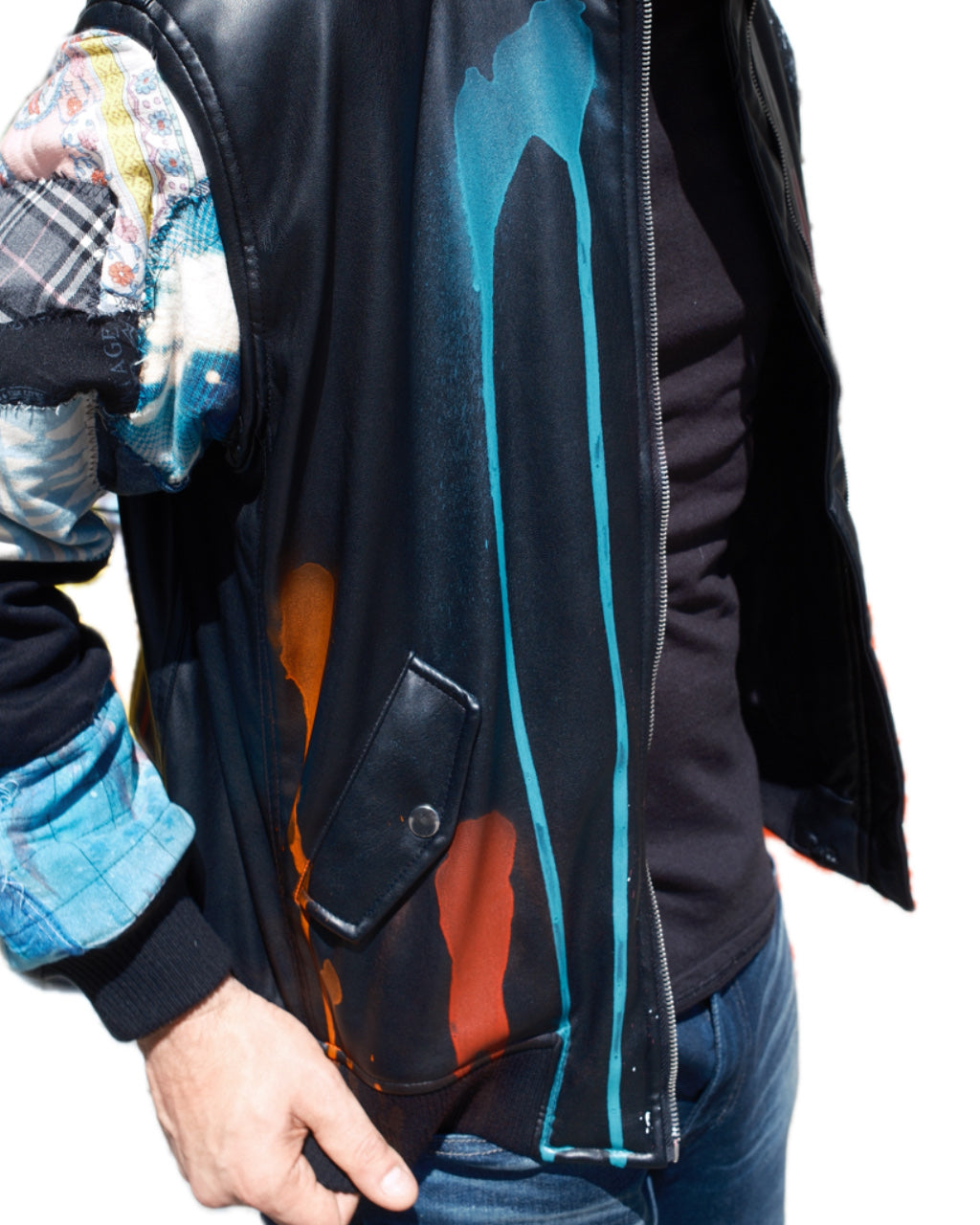 BLACK PATCHWORK DRIP SPLATTER FAUX LEATHER BOMBER JACKET (1/1)
