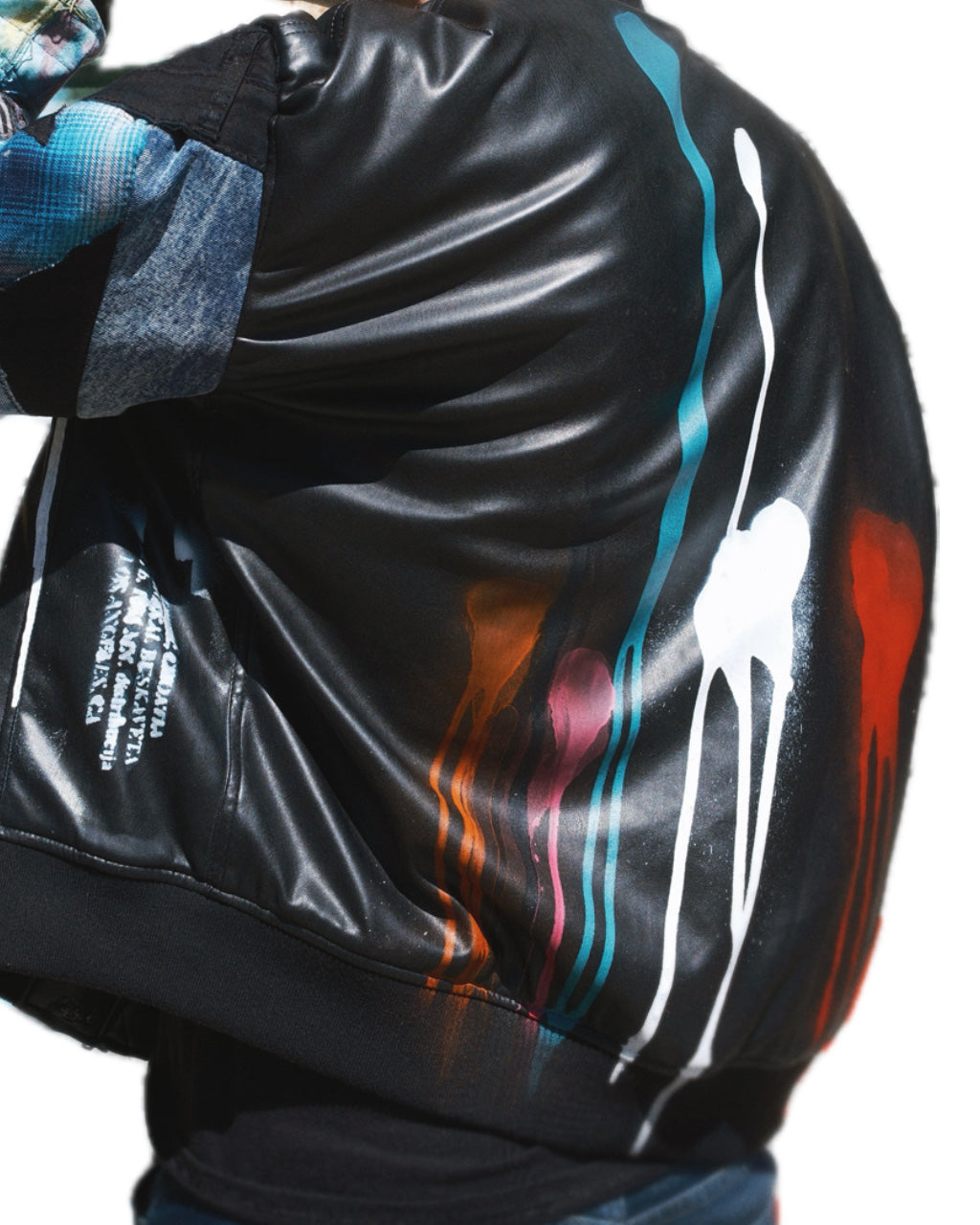 BLACK PATCHWORK DRIP SPLATTER FAUX LEATHER BOMBER JACKET (1/1)