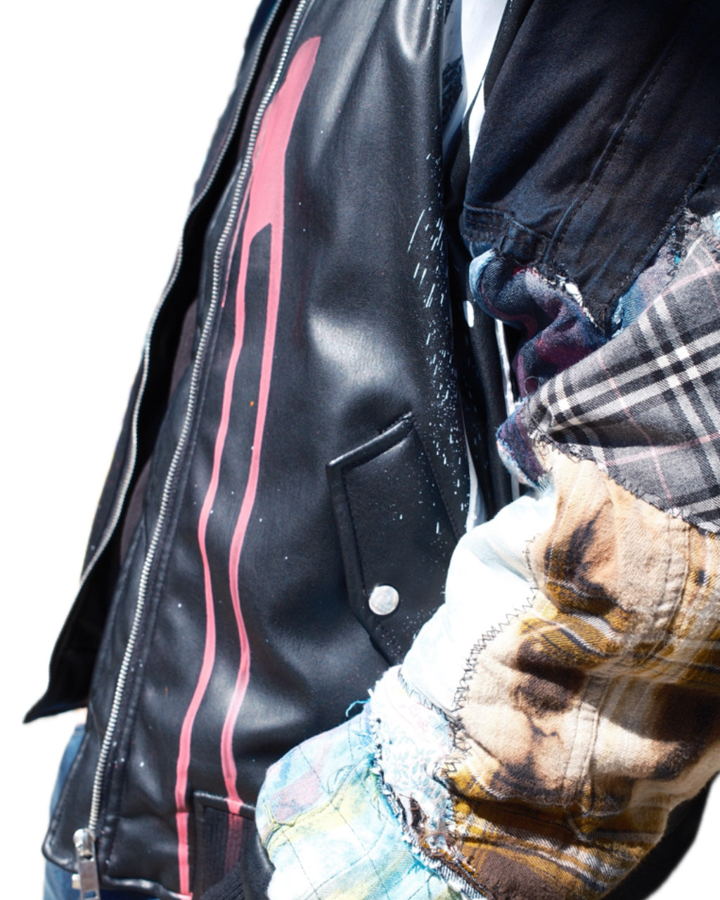 BLACK PATCHWORK DRIP SPLATTER FAUX LEATHER BOMBER JACKET (1/1)