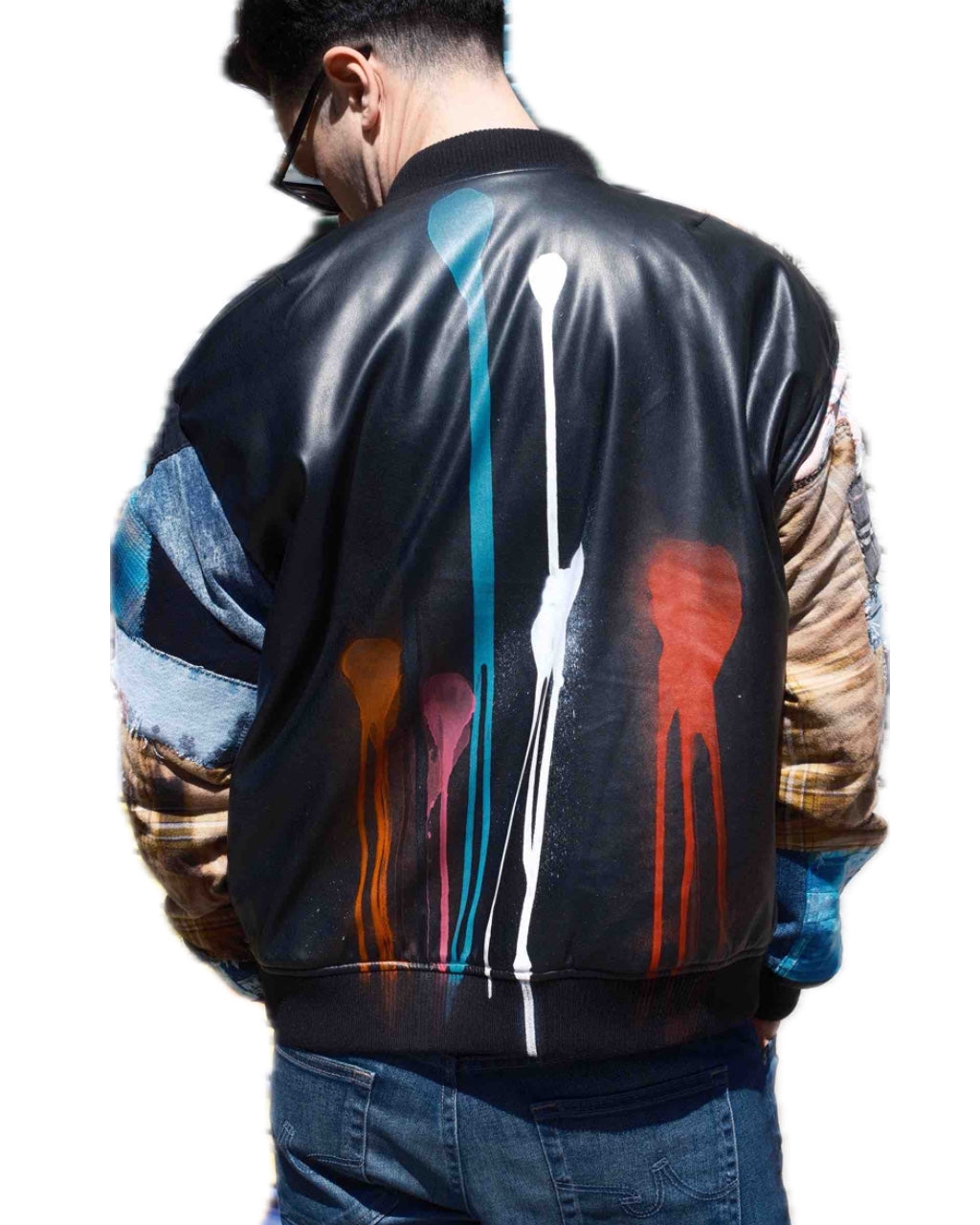 BLACK PATCHWORK DRIP SPLATTER FAUX LEATHER BOMBER JACKET (1/1)