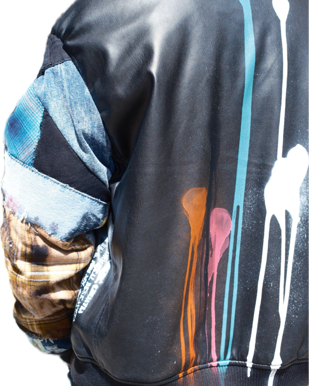 BLACK PATCHWORK DRIP SPLATTER FAUX LEATHER BOMBER JACKET (1/1)
