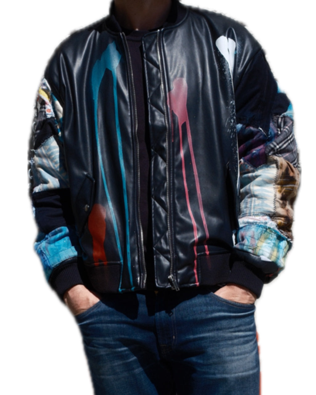 BLACK PATCHWORK DRIP SPLATTER FAUX LEATHER BOMBER JACKET (1/1)