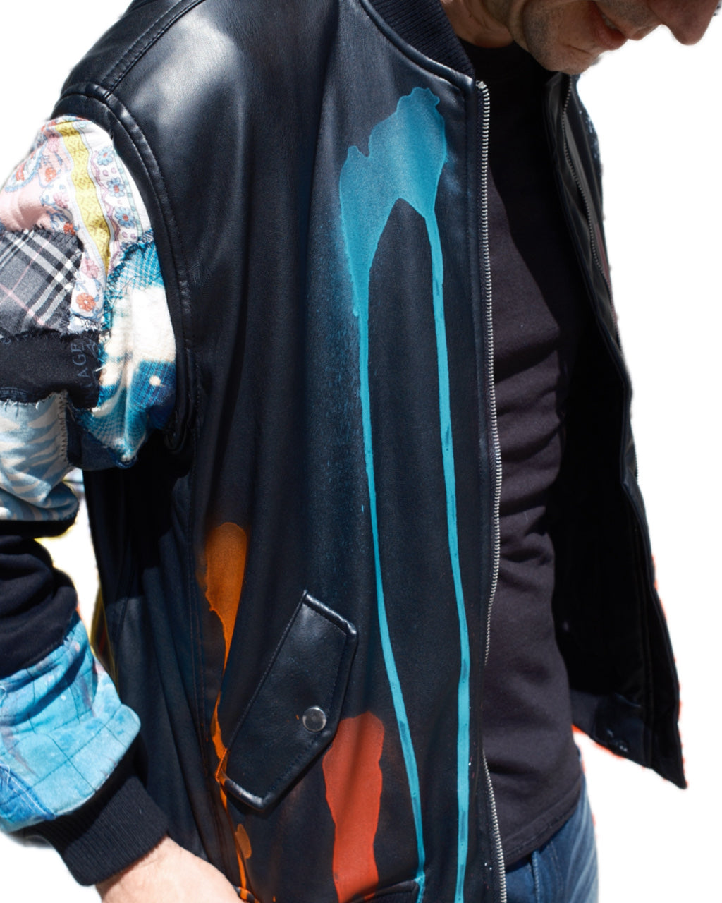 BLACK PATCHWORK DRIP SPLATTER FAUX LEATHER BOMBER JACKET (1/1)