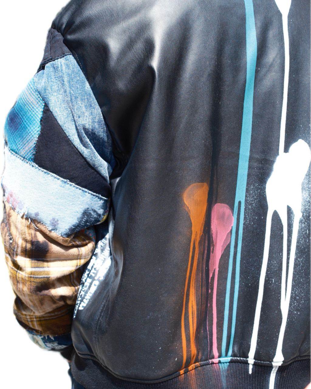 BLACK PATCHWORK DRIP SPLATTER FAUX LEATHER BOMBER JACKET (1/1)