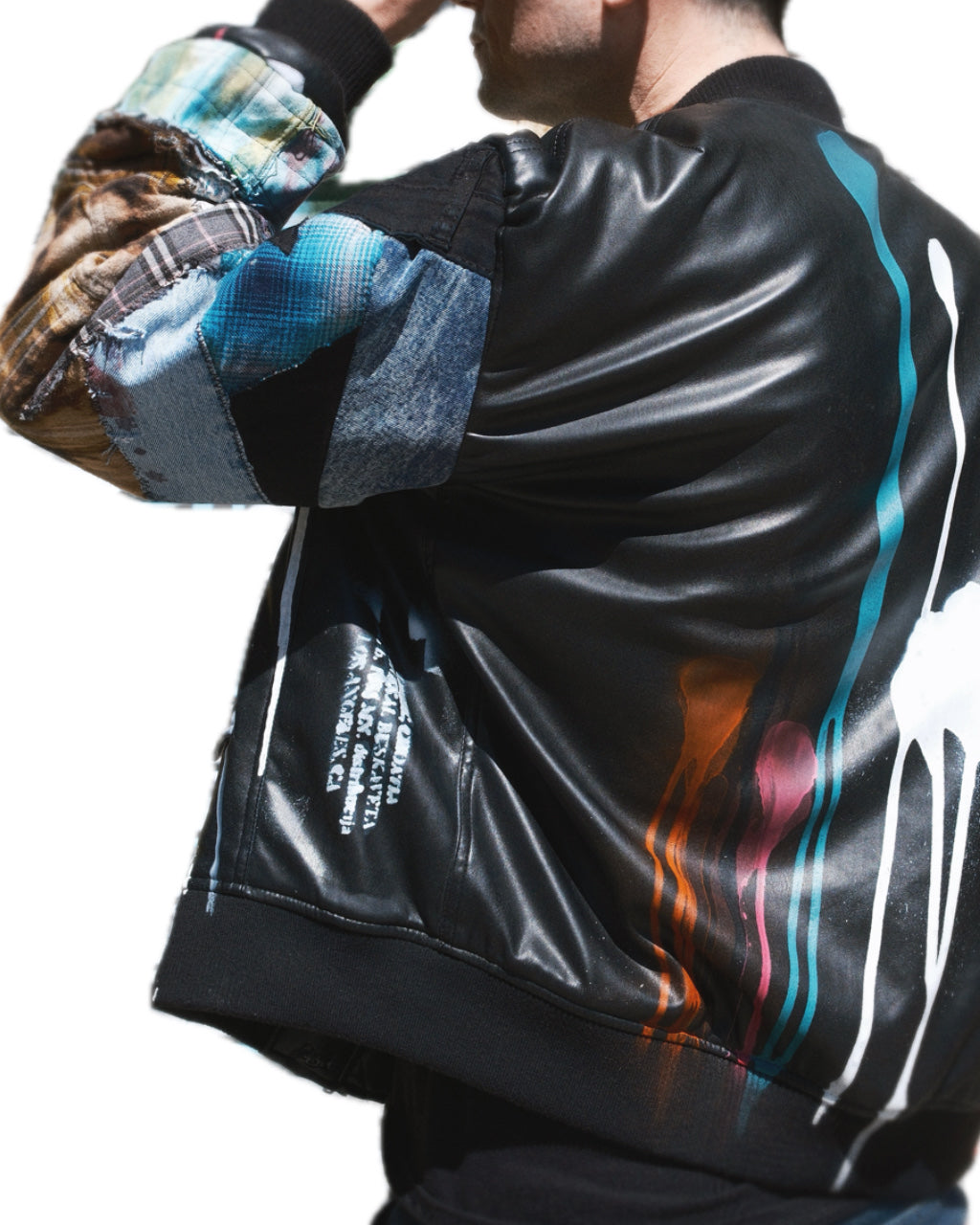 BLACK PATCHWORK DRIP SPLATTER FAUX LEATHER BOMBER JACKET (1/1)