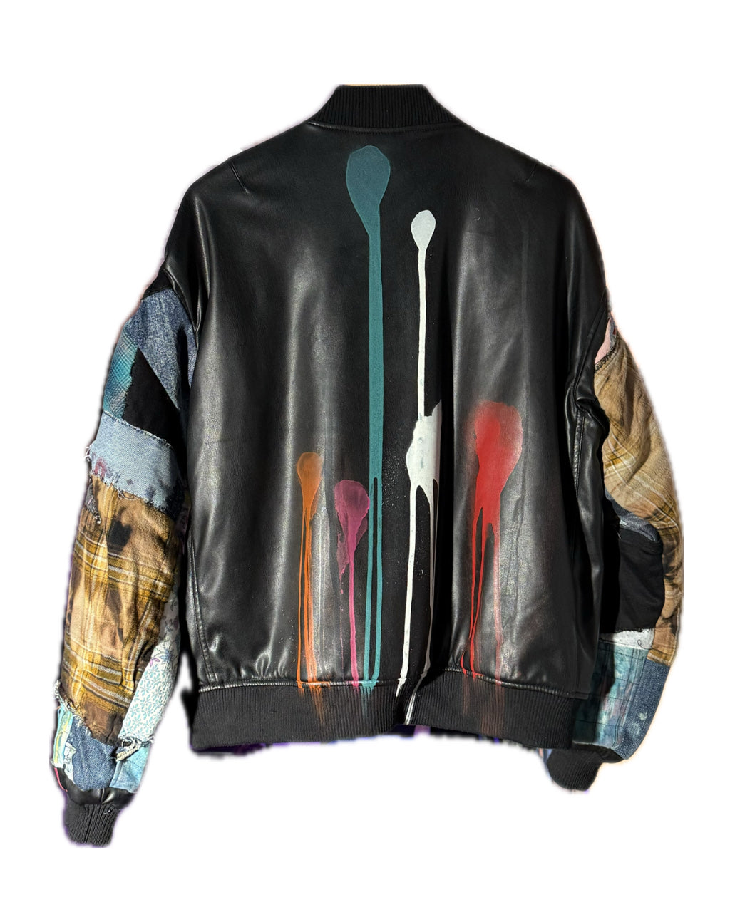 BLACK PATCHWORK DRIP SPLATTER FAUX LEATHER BOMBER JACKET (1/1)