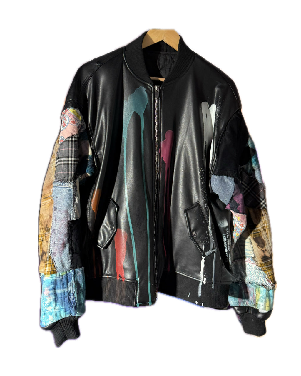 BLACK PATCHWORK DRIP SPLATTER FAUX LEATHER BOMBER JACKET (1/1)