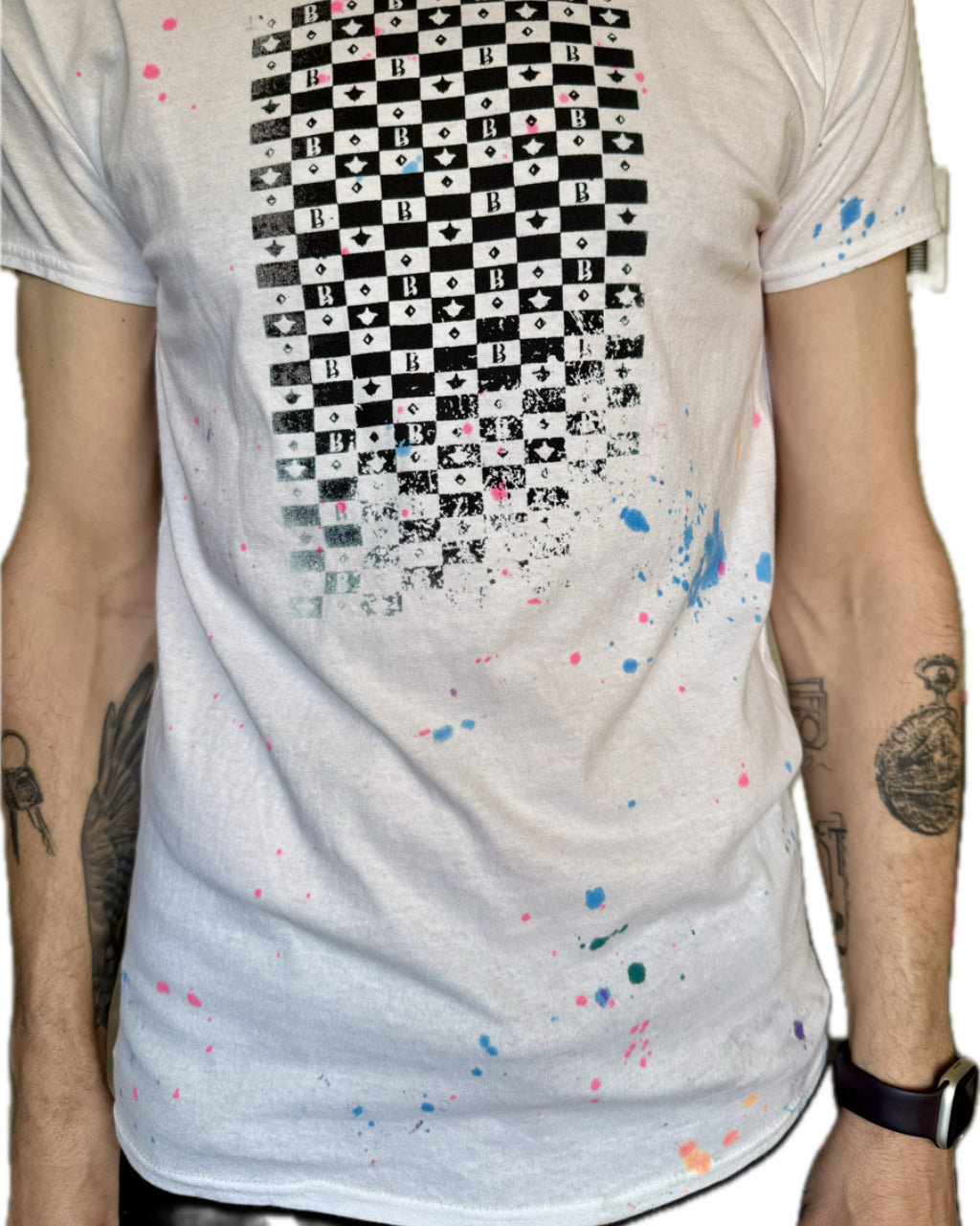CHECKER BLACK MONOGRAM BLUE SPLATTER WHITE T-SHIRT (1/1)