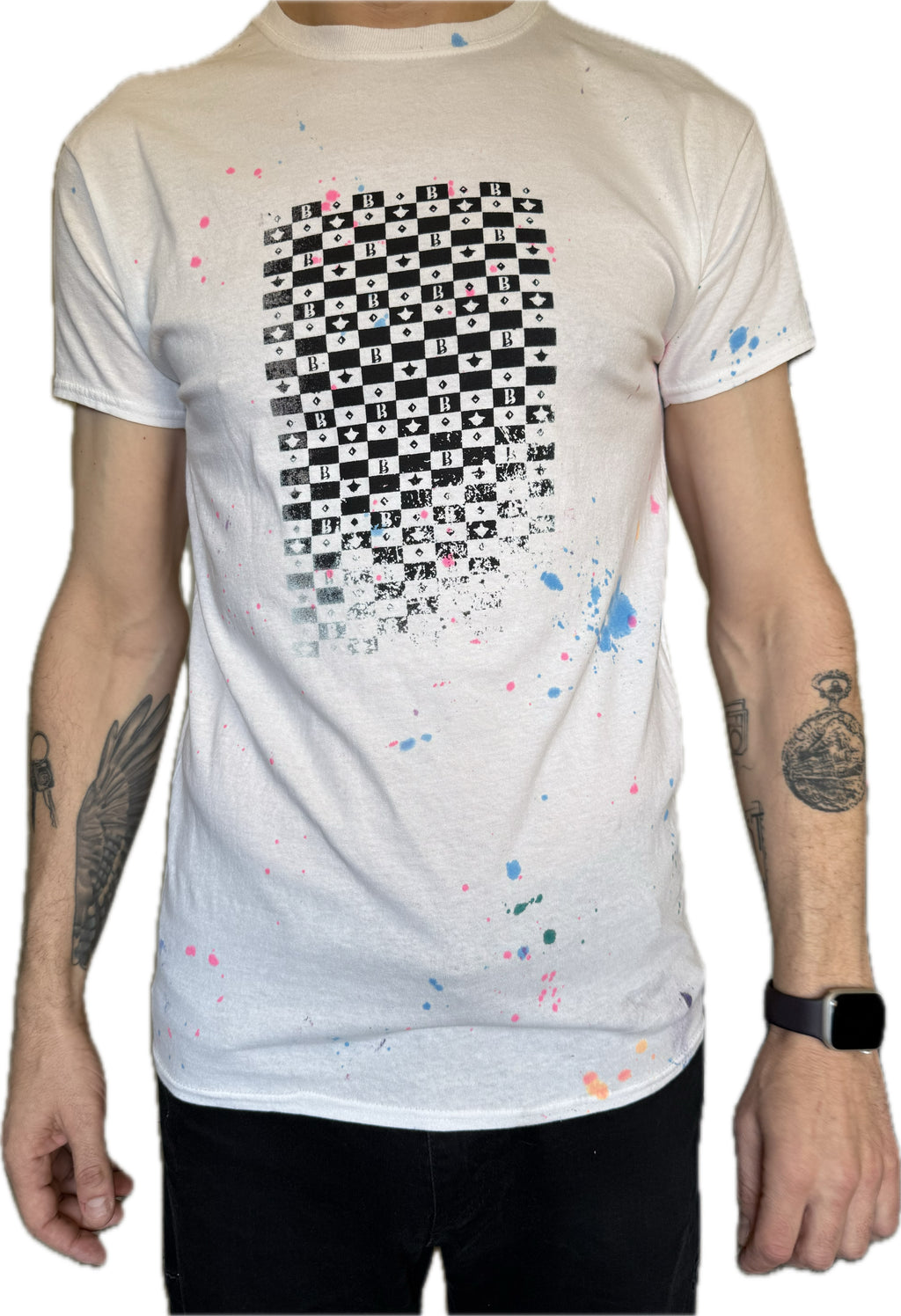 CHECKER BLACK MONOGRAM BLUE SPLATTER WHITE T-SHIRT (1/1)