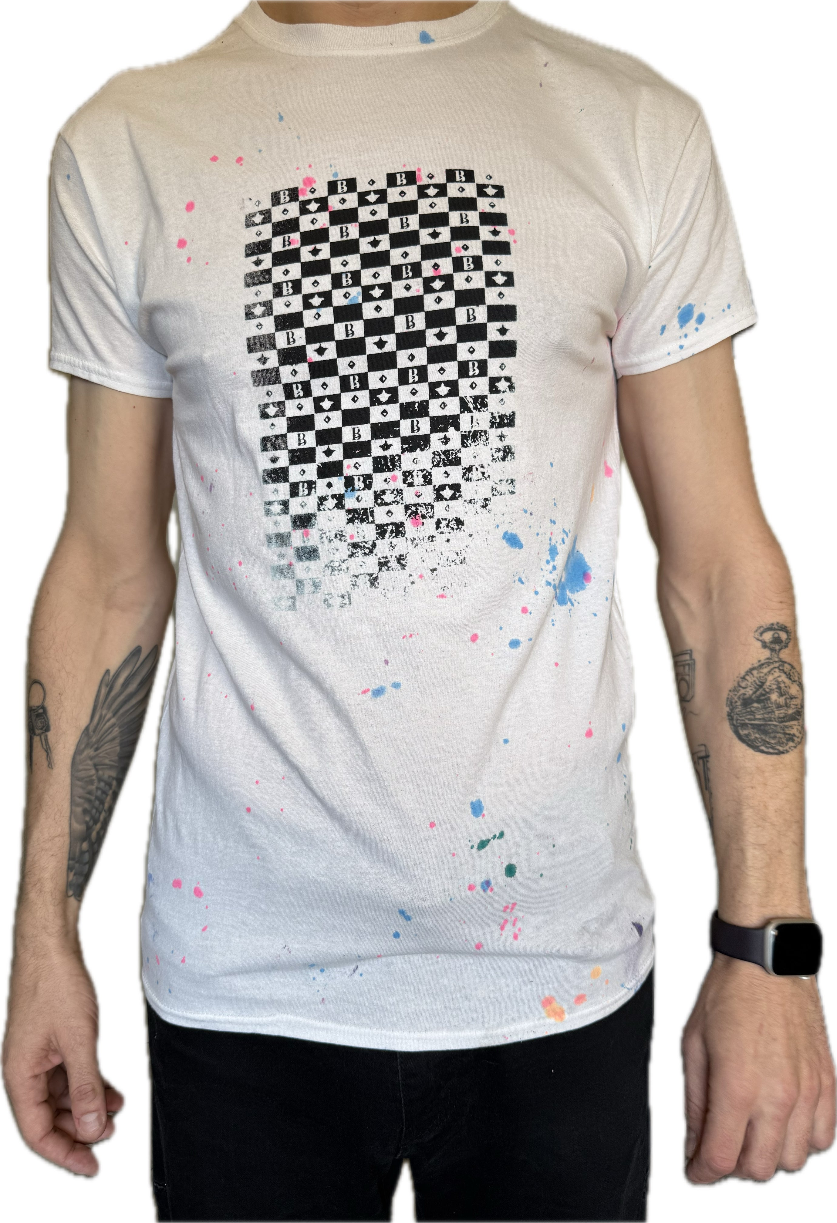 CHECKER BLACK MONOGRAM BLUE SPLATTER WHITE T-SHIRT (1/1)