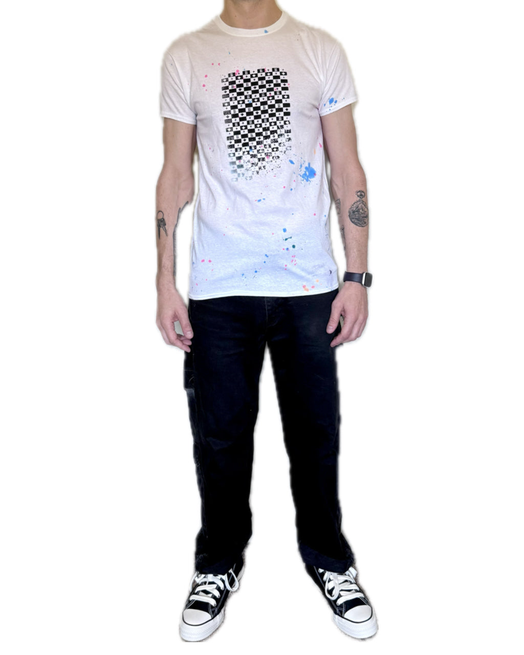 CHECKER BLACK MONOGRAM BLUE SPLATTER WHITE T-SHIRT (1/1)