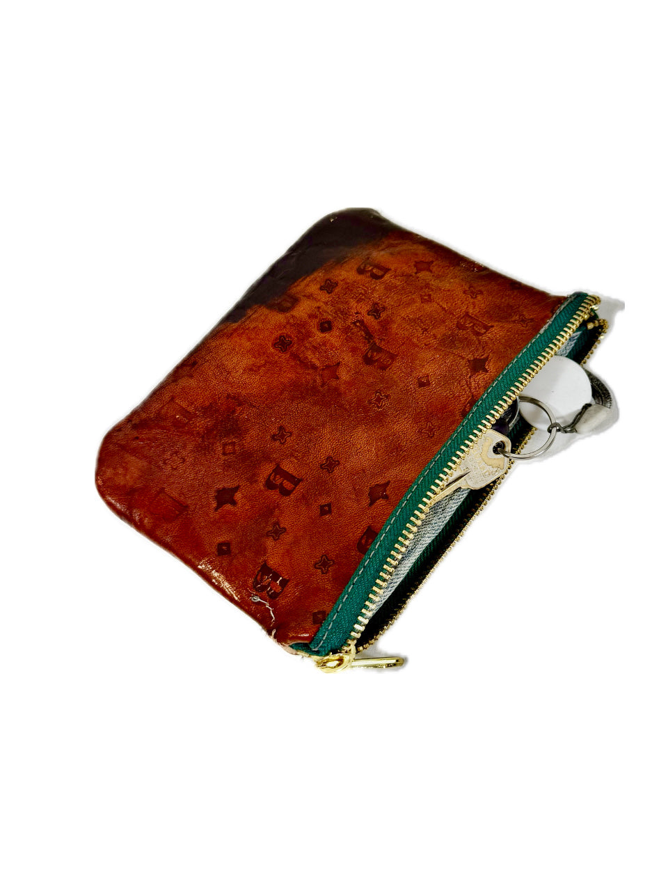 DESIGNER MONOGRAMMED LEATHER WALLET DENIM LINER GREEN ZIPPER (1/1)