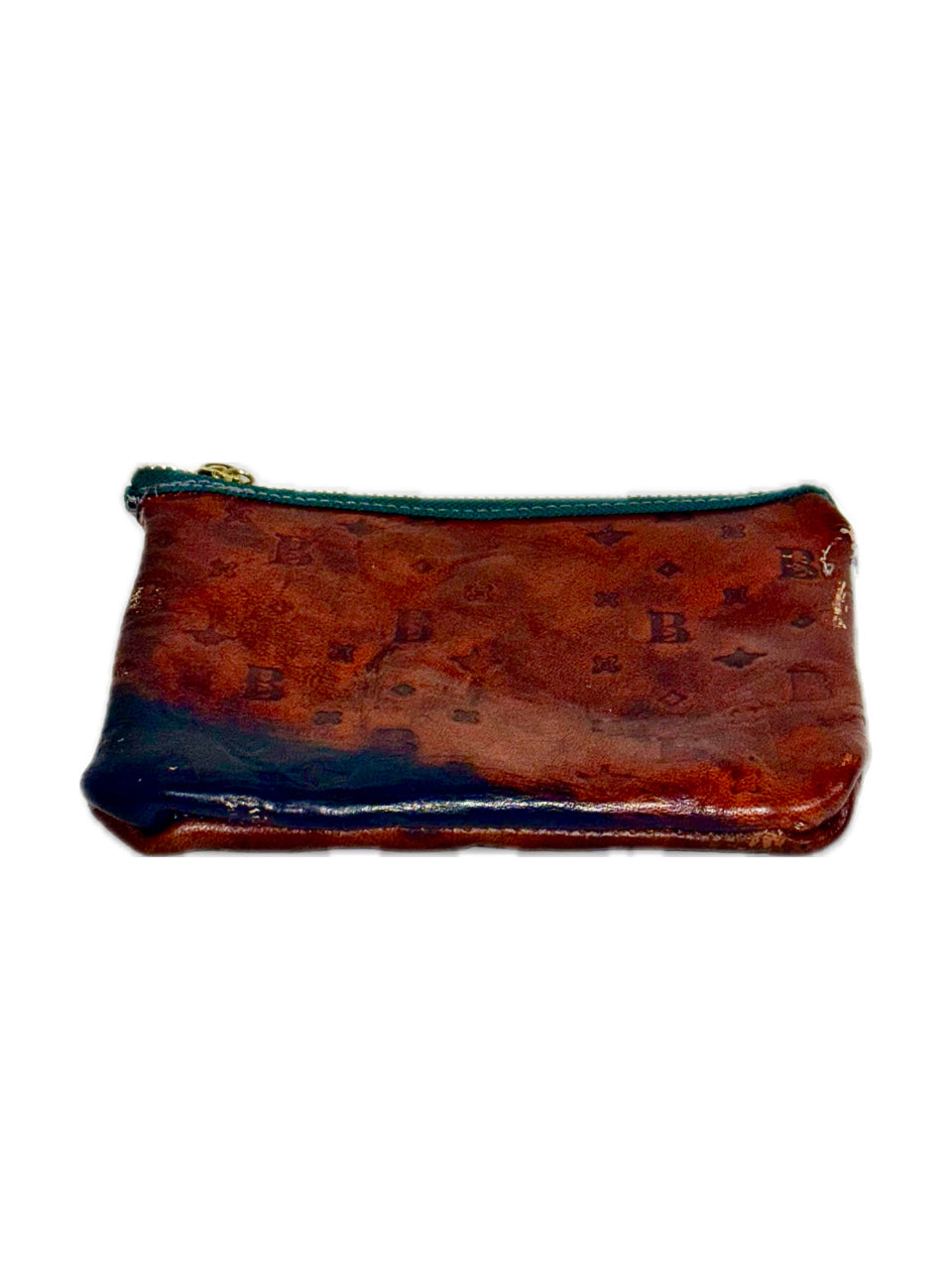 DESIGNER MONOGRAMMED LEATHER WALLET DENIM LINER GREEN ZIPPER (1/1)