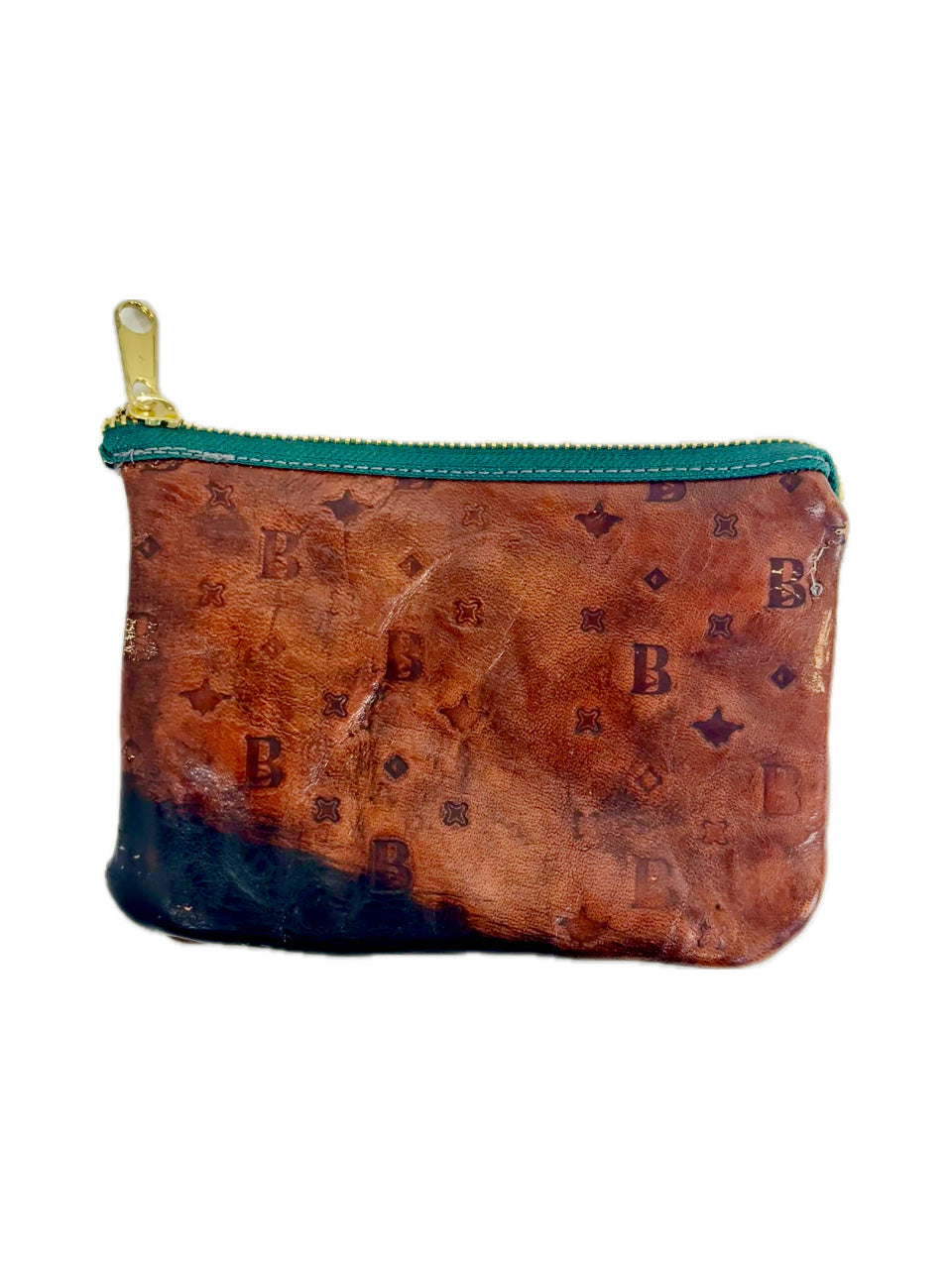 DESIGNER MONOGRAMMED LEATHER WALLET DENIM LINER GREEN ZIPPER (1/1)